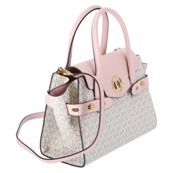 Michael Kors Carmen Medium Flap Satchel Vanilla MK Signature Powder Blush Pink - Picture 5 of 8